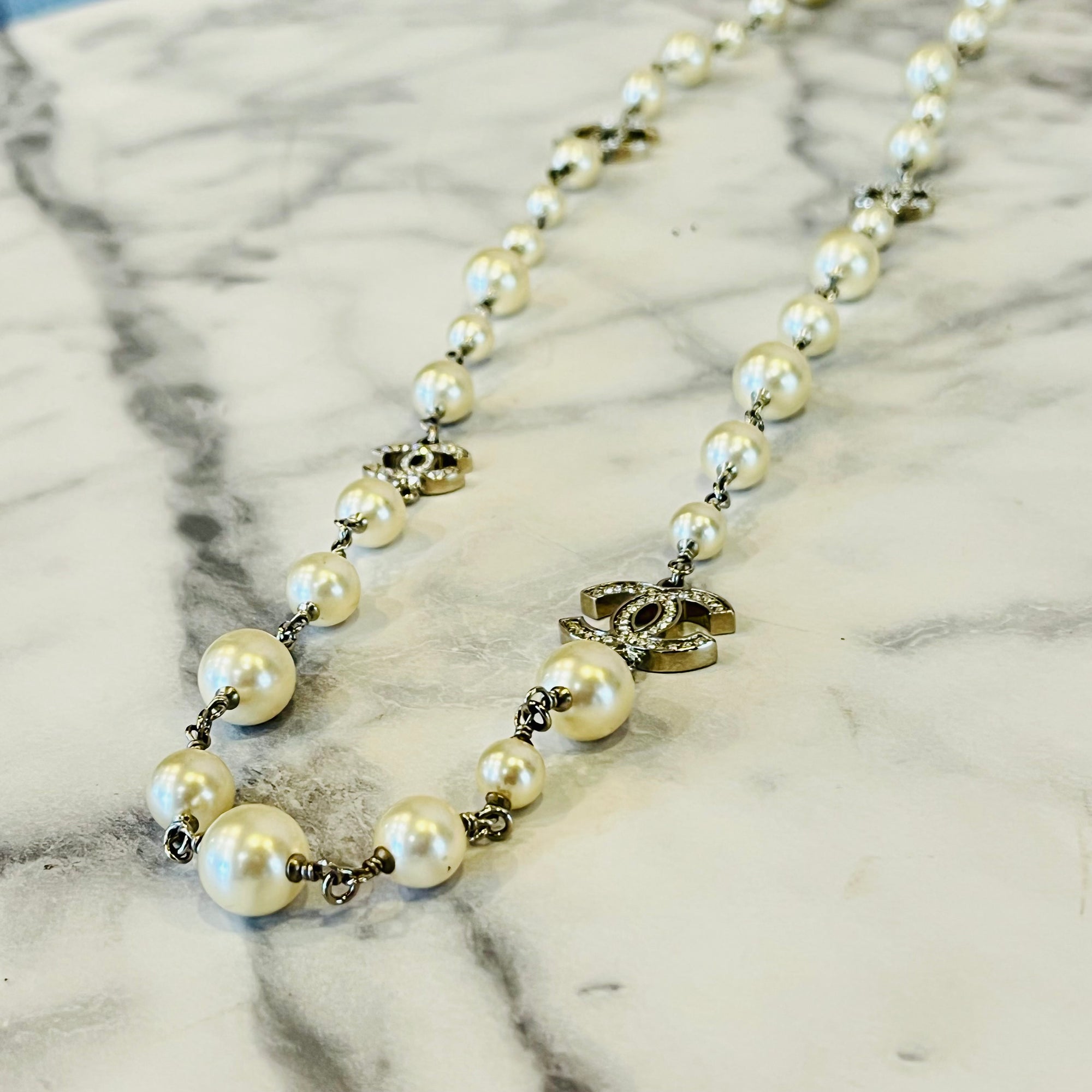 CHANEL 2016 Silver Crystal Pearl CC Long Necklace