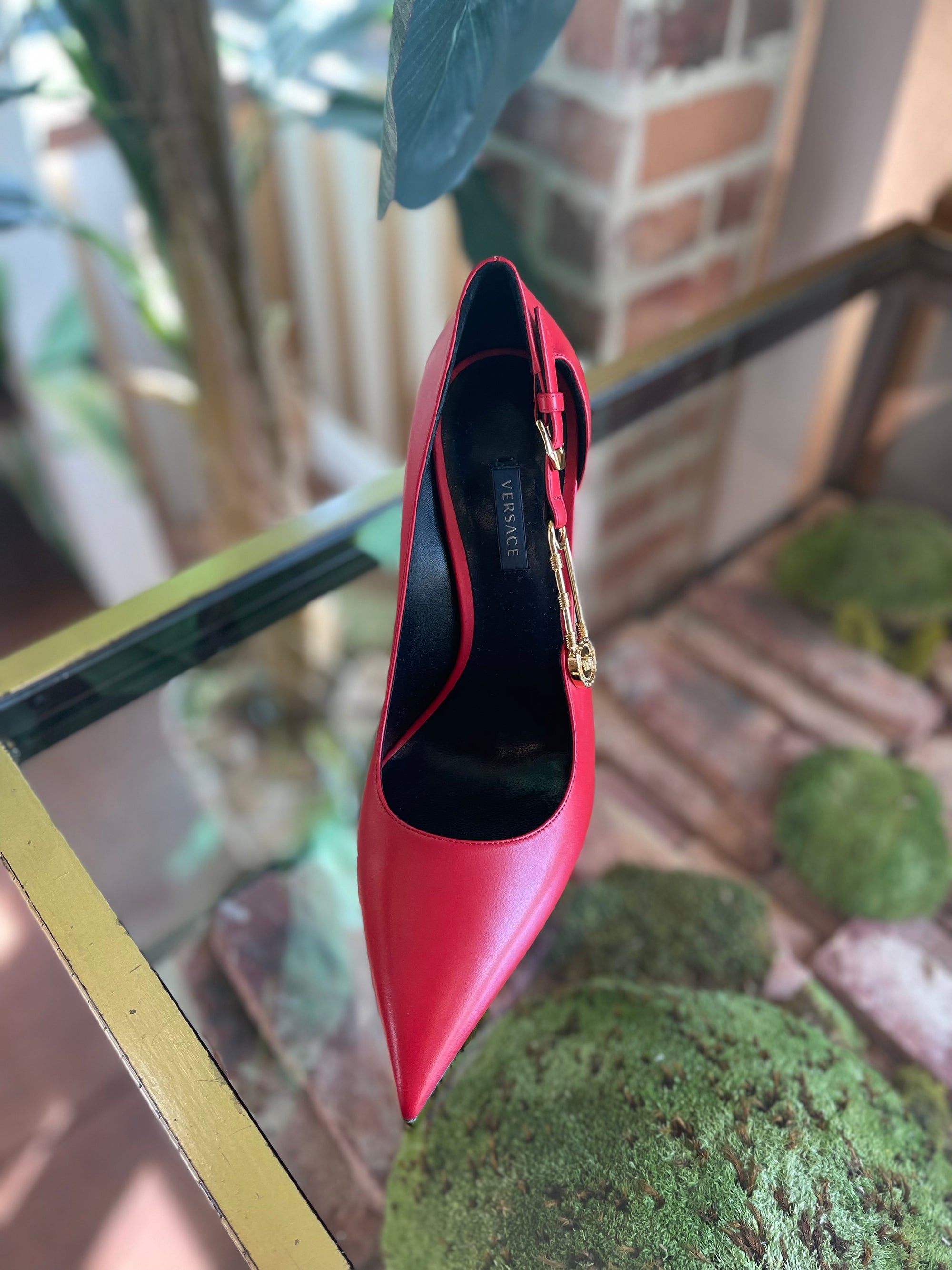 VERSACE Red Leather Safety Pin Heels Sz 40