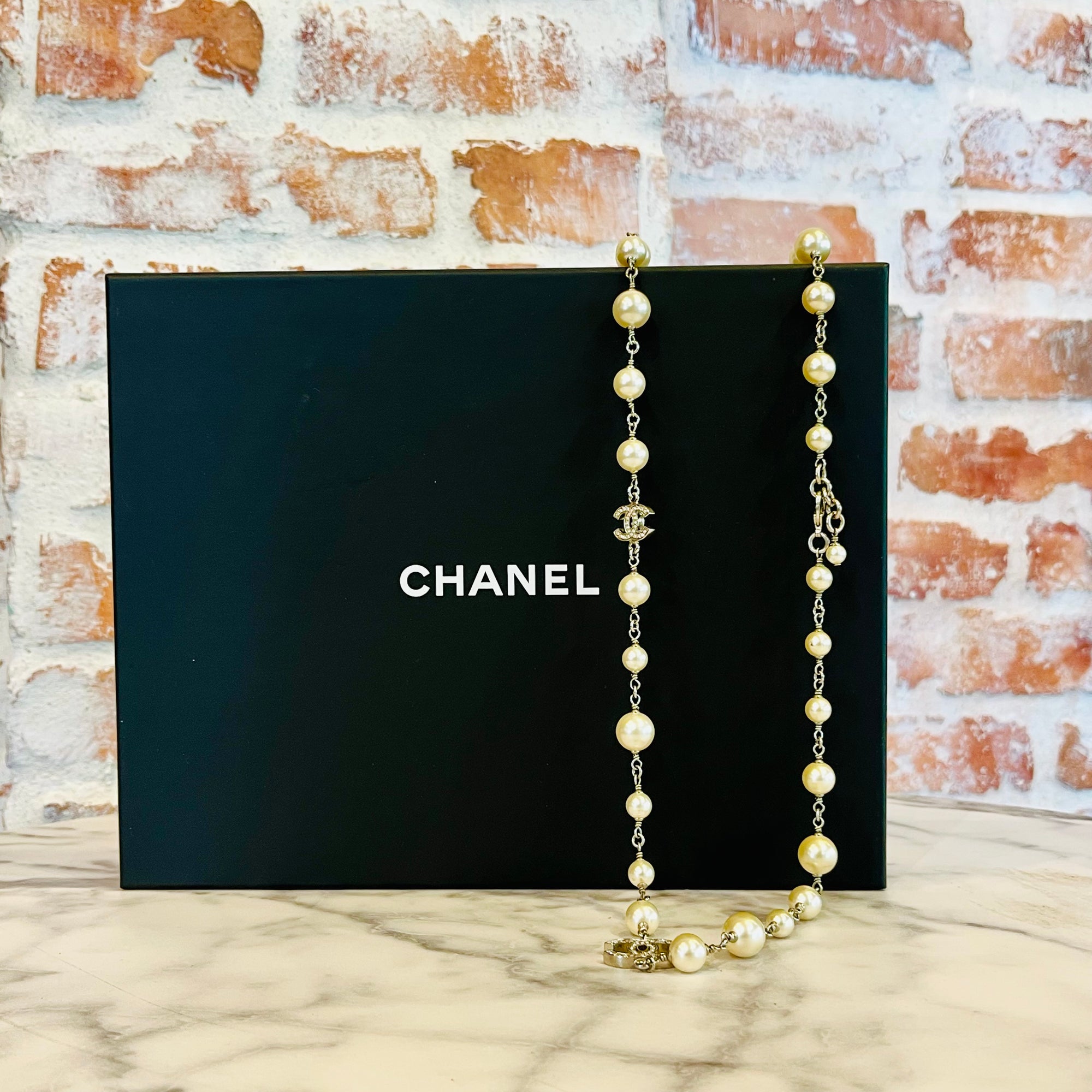 CHANEL 2016 Silver Crystal Pearl CC Long Necklace