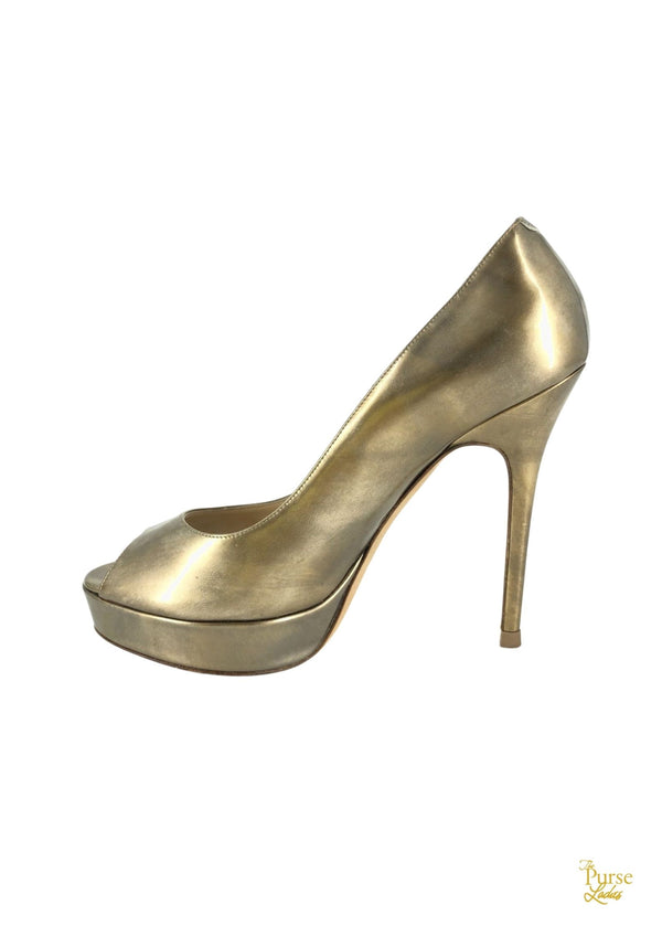 JIMMY CHOO Gold Metallic Leather Crown Peep Toe Pumps SZ 36.5