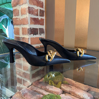 VERSACE Black Leather Pointed Chain Slingback Heels SZ 36 (US 7)