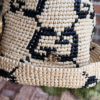GUCCI Beige GG Monogram Raffia Bucket Hat SZ57(M)