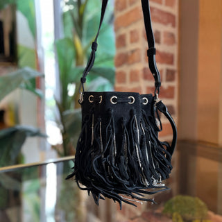 SAINT LAURENT Emmanuelle Large Fringe Black Suede Bucket Bag