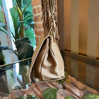 PRADA Beige Cervo Leather Fringe Strap Shoulder Bag