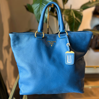 PRADA Blue Vitello Daino Leather Tote
