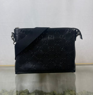 GUCCI Black Perforated Embossed Leather Messenger Bag