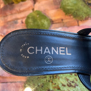 CHANEL Black Leather CC Turn Lock Block Heel Sandals SZ 39.5 (US 9.5)