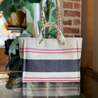CHANEL Deauville Navy Red Beige Striped Canvas Tote