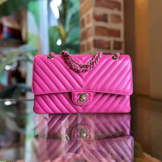 CHANEL Double Flap Medium Dark Pink Lambskin Chevron Quilted Shoulder Bag