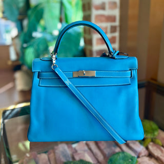 HERMES Kelly 32 Blue Jean Swift Satchel Bag