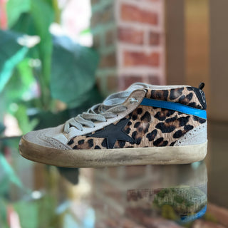 GOLDEN GOOSE Mid Star Beige Brown Leopard Print Calf Hair Gray Suede Lace Up Sneakers SZ38(8US)