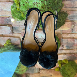 AQUAZZURA Powder Puff Black Velvet Slingback Kitten Heels 37(7US)