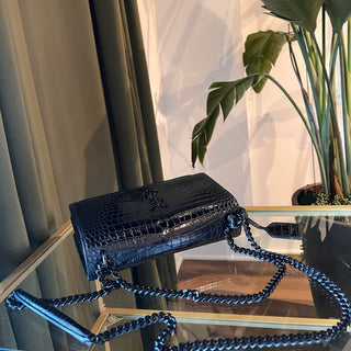 SAINT LAURENT Medium Monogram Sunset Black Crocodile Embossed Calfskin Shoulder Bag