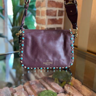 VALENTINO GARAVANI Maroon Rockstud Rolling Guitar Strap Crossbody Bag