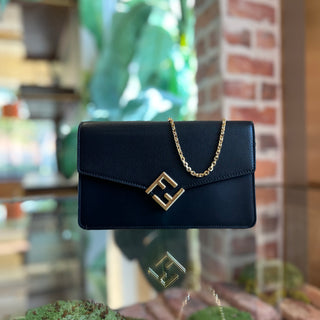 FENDI FF Diamonds Wallet On Chain Black Leather Crossbody Bag