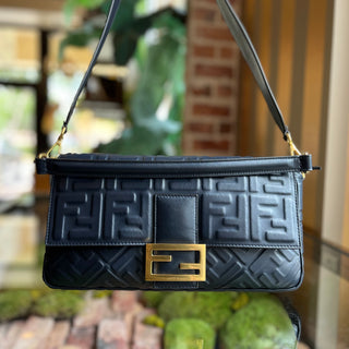 FENDI FF 1974 Embossed Baguette Navy Blue Nappa Leather Shoulder Bag