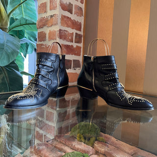 CHLOÉ Studded Gold/Black Leather Booties SZ 38.5 (US 8.5)