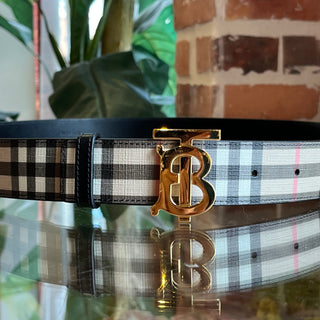 BURBERRY Beige Black Check Canvas TB Buckle Belt SZ6