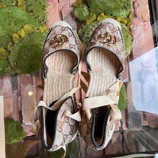 GUCCI Pilar GG Ankle Tie Espadrille Platform Wedges SZ40(10US)