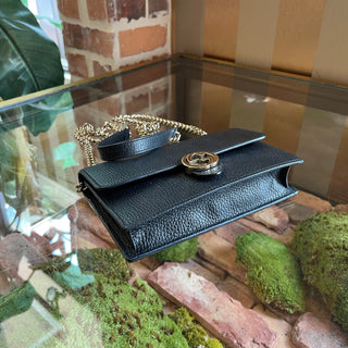 GUCCI Interlocking G Black Pebbled Leather Wallet on Chain