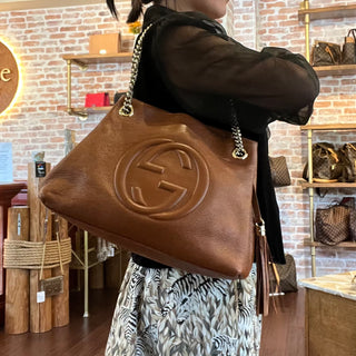GUCCI Soho Chain Chestnut Brown Pebbled Calfskin Leather Shoulder Bag
