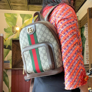 GUCCI Small Ophidia Day Beige Ebony GG Supreme Monogram Canvas New Acero Calfskin Backpack Bag
