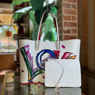 CHRISTIAN LOUBOUTIN Loubitag Spikes East West Cabata Love White Calfskin Tote
