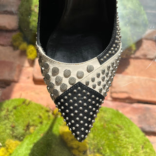 SAINT LAURENT Paris 105 Studded Black/White Leather Heels SZ 37.5 (US 7.5)