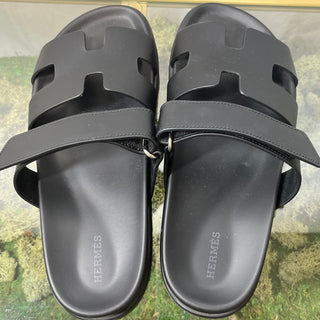 HERMES Chypre Noir Calfskin Anatomical Rubber Sandals SZ40(10US)