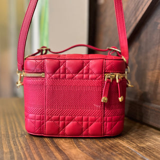 CHRISTIAN DIOR DiorTravel Small Vanity Case Poppy Red Cannage Quilted Lambskin Leather Top Handle Bag