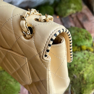 CHANEL Single Flap Whipstitch Beige Lambskin Shoulder Bag