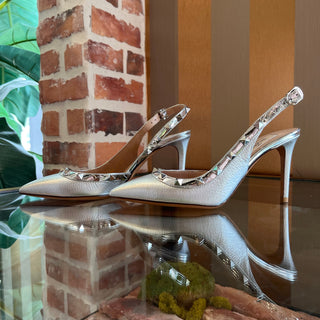 VALENTINO Rockstud Metallic Silver Leather Slingback Heels SZ 35 (US 5)