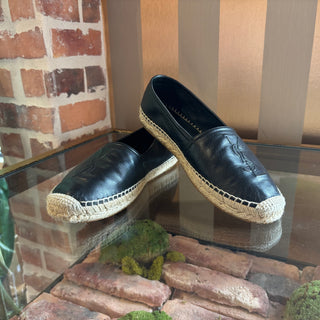 SAINT LAURENT Black Lambskin Leather YSL Espadrilles SZ 37.5 (US 7.5)