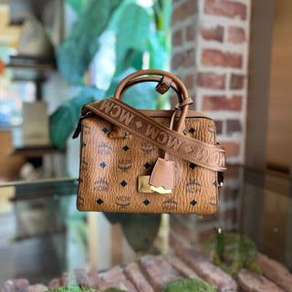 MCM Boston Brown Visetos Monogram Canvas Satchel Bag