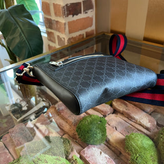 GUCCI Small Flat Messenger Black Grey GG Supreme Monogram Web Crossbody