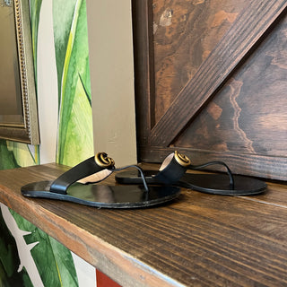 GUCCI Black Calfskin GG Marmont Thong Sandals SZ40.5(10.5US)