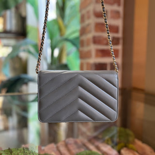 CHANEL Wallet on Chain Gray Chevron Leather Quilted Crossbody