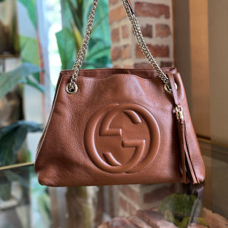 GUCCI Soho Chain Chestnut Brown Pebbled Calfskin Leather Shoulder Bag