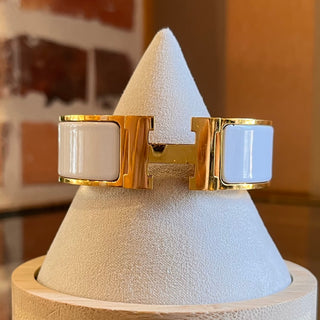 HERMES H Clic Clac White Enamel Yellow Gold Metal Bracelet