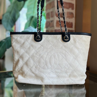 CHANEL CC Daily White Caviar Leather Shopping Tote
