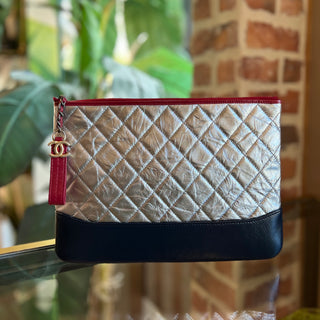 CHANEL Gabrielle Medium Navy Blue Silver Red Aged Calfskin Quilted Cosmetic Case Clutch TS3711