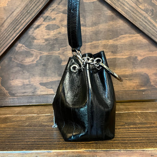JIMMY CHOO Bon Bon Black Striped Leather Bucket Bag