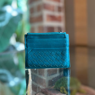 BOTTEGA VENETA Teal Intrecciato Woven Leather Card Case