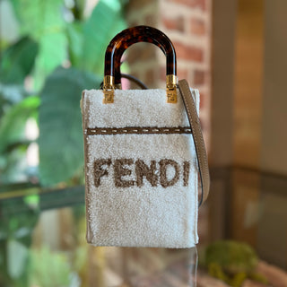 FENDI Sunshine Mini White Taupe Shearling Vitello King Plexiglass Logo Tote Bag