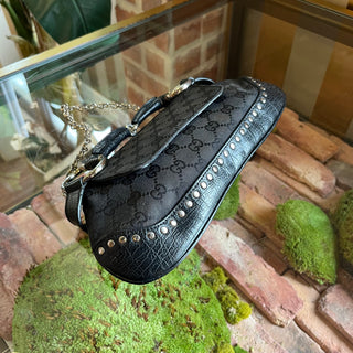 GUCCI Black GG Canvas Horsebit Studded Chain Shoulder Bag