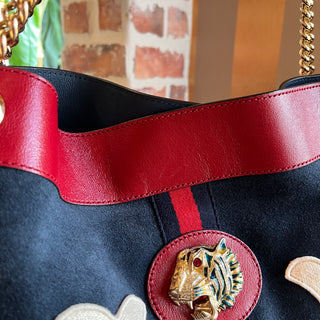 GUCCI Rajah Large Yankee Navy Blue Suede Sports Tote Bag