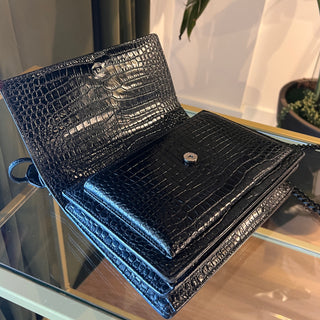 SAINT LAURENT Medium Monogram Sunset Black Crocodile Embossed Calfskin Shoulder Bag