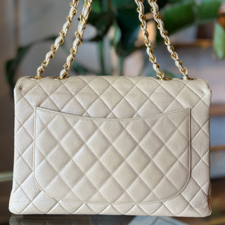 CHANEL Vintage Square Jumbo Beige Caviar Single Flap Shoulder Bag