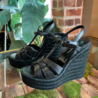 SAINT LAURENT Tribute Black Leather Espadrille Wedges SZ 39