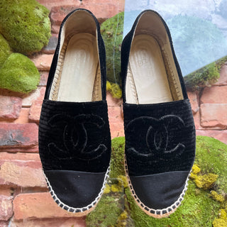 CHANEL CC Black Velvet Grosgrain Espadrilles SZ 41 (US 11)